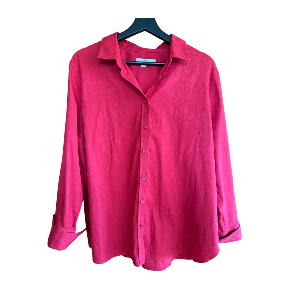 Chicos Womens Red Damask Floral Button Down Shirt French Cuffs Plus Size 16
